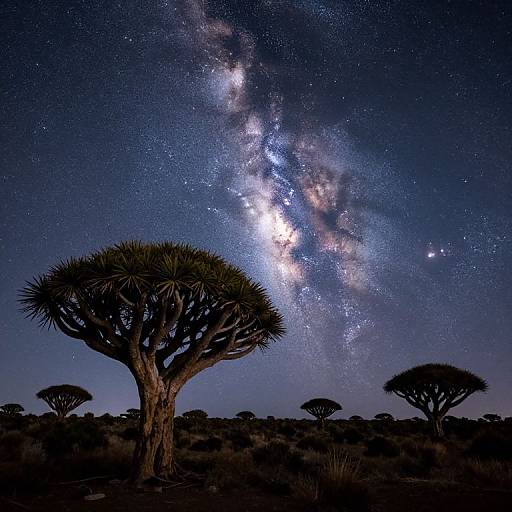 Photograph of a star-filled night sky with the Milky Way galaxy above silhouetted acacia trees in a dark African savanna.