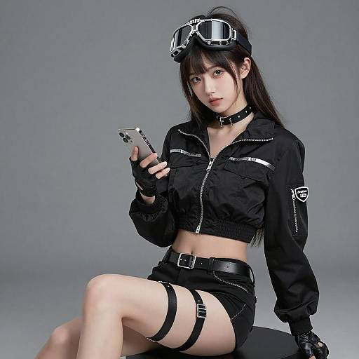 Digital photograph of an Asian woman with long black hair, wearing black goggles, crop jacket, shorts, and thigh strap, holding a smartphone, against a