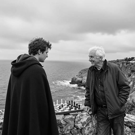 Two men playing chess on rocky seaside cliff