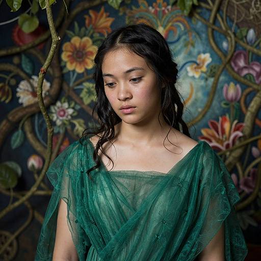 Photograph of a young Asian woman with long black hair, wearing a sheer green dress, against a vibrant floral and vine-patterned background.
