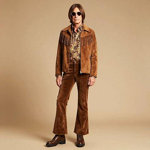 Photograph of a middle-aged man with dark hair and sunglasses, wearing a brown fringed suede jacket, patterned shirt, brown pants, and black