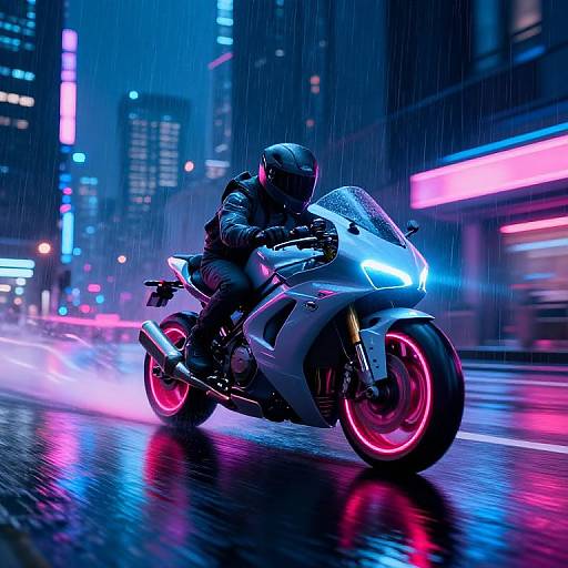 Futuristic Motorcycle Sliding in Neon Rain