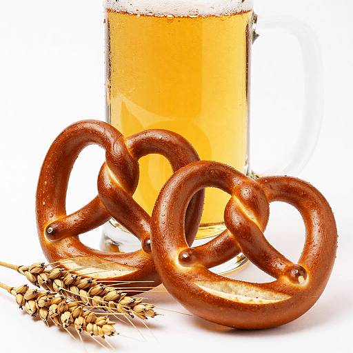 Photograph of two brown, glossy pretzels in front of a frothy, amber beer glass with barley stalks at the bottom.