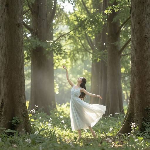 Photograph of a woman in a flowing white dress, arms outstretched, dancing in a sunlit forest with tall trees and scattered wildflowers.