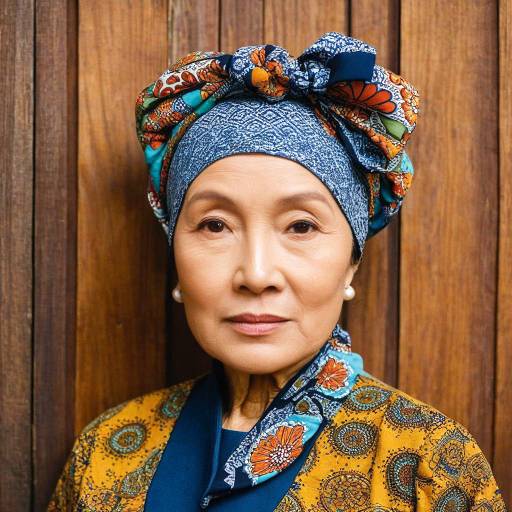 Elderly Asian Woman in Trendy Ankara Headwrap Elderly Asian Woman in Trendy Ankara Headwrap