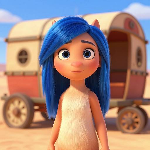 CGI cartoon of a blue-haired, big-eyed, tan-furred girl with a small smile in front of a vintage, red and beige wagon in