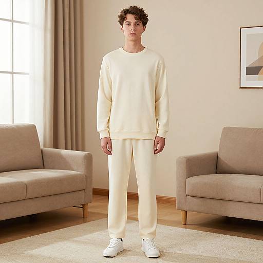 Photograph of a young man with curly brown hair, wearing a cream-colored sweatshirt and pants, white sneakers, standing in a beige living room with