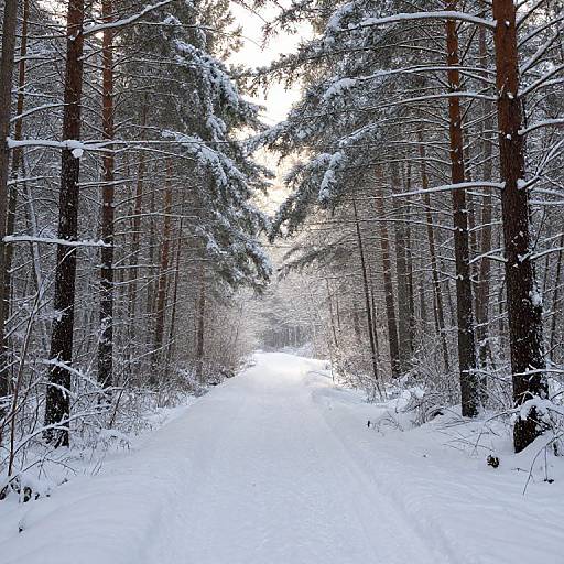 Photograph of a snowy forest path flanked by tall, snow-covered pine trees, with bright sunlight filtering through the dense canopy.
