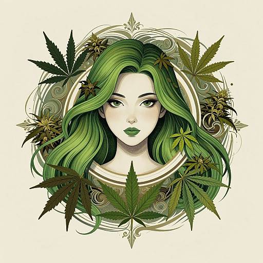 Digital illustration of a green-haired woman with green lips, surrounded by marijuana leaves, set against a white background. Art style: vibrant, detailed, and