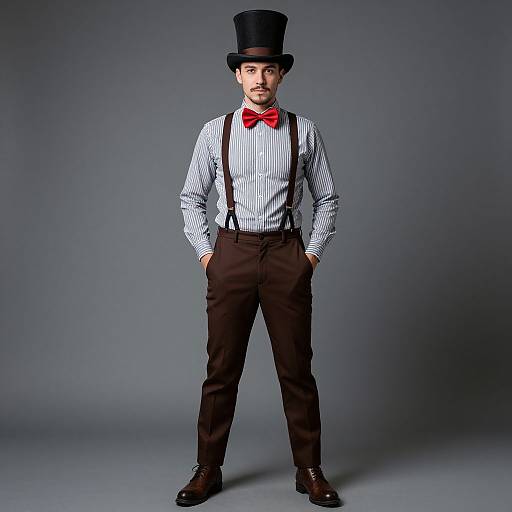 Photograph of a man with a mustache, wearing a black top hat, red bow tie, striped shirt, brown suspenders, and trousers,