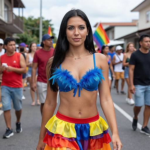 Photograph of a woman with long black hair, wearing a blue feathered bra and rainbow skirt, walking in a vibrant street parade with diverse, casually