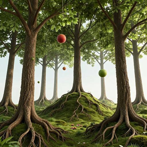 Surreal Upside-Down Trees with Floating Fruits
