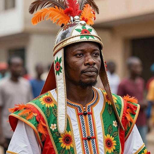 Man in Traditional African Costume with Decorative Helmet