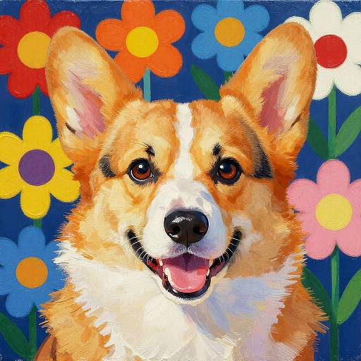 Pop Art Corgi Portrait with Flowers