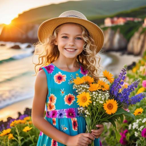 Smiling Girl in Flower Garden by the Ocean