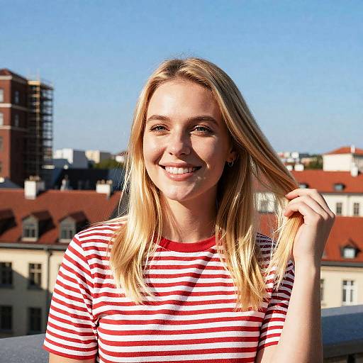 Smiling Blonde Woman in Cityscape