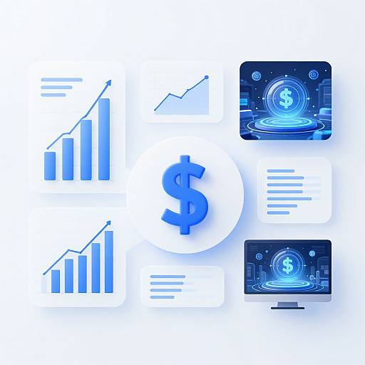 Digital graphic: Blue bar charts, dollar symbol on white circle, glowing dollar holograms on tablets, blue lines, white background.