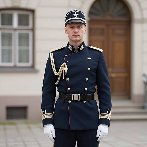 Photograph of a serious, pale-skinned male soldier in a black, gold-embroidered, double-breasted uniform and white gloves, standing