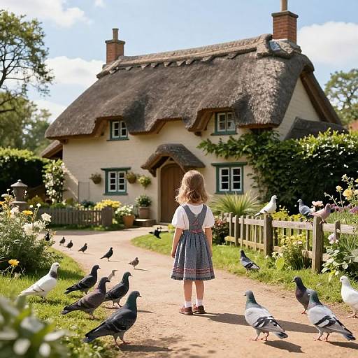 Serene Countryside with Girl and Cottage