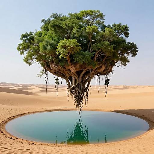 Photorealistic digital art of a lush, floating tree with hanging roots above a calm, circular oasis pool in a sandy desert.