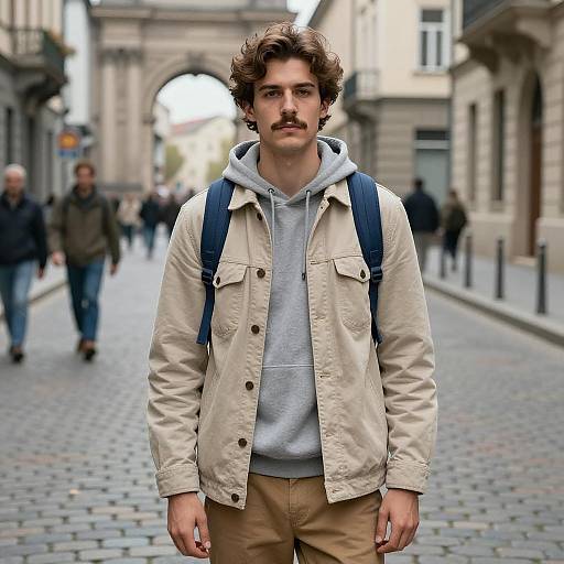 Young Man Standing on Cobblestone Street