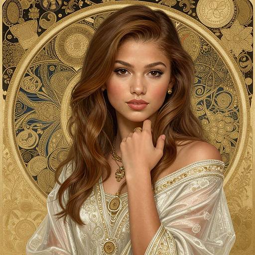 Digital portrait of a beautiful Asian woman with long brown hair, golden eyes, and fair skin, wearing an off-shoulder white embroidered top, against