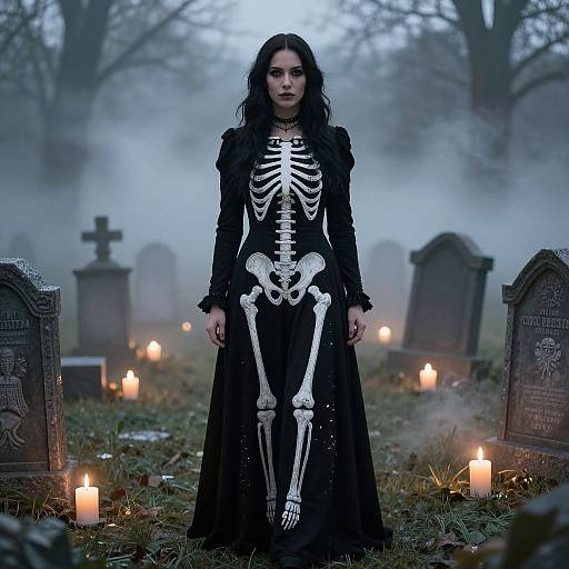 Photograph of a pale-skinned, dark-haired woman in a black dress with white skeleton print, standing in a foggy graveyard with lit candles and