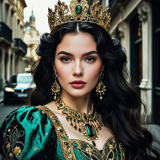Regal Young Queen in Baroque Emerald Gown