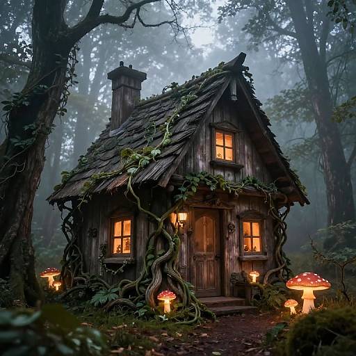 Witch's Cottage in Foggy Forest