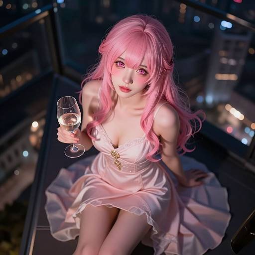 Photograph of a pink-haired anime girl in a pink satin dress, holding a wine glass, seated in a dimly lit cityscape at night,