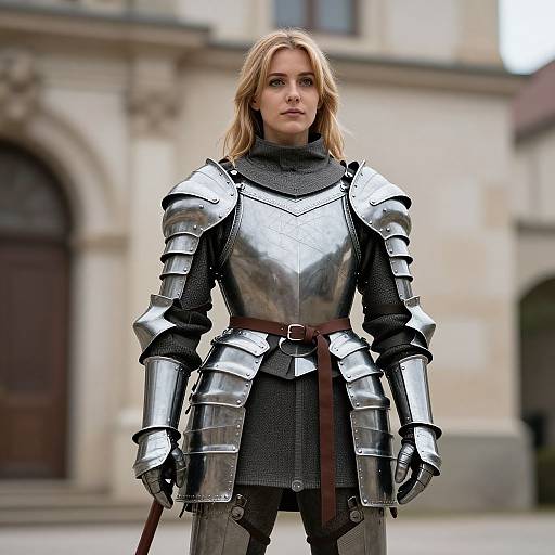 Photograph of a blonde woman in shiny silver medieval armor, standing in front of a stone building with an arched doorway.