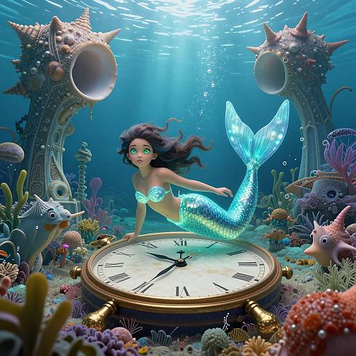Digital art: Mermaid with glowing turquoise tail and green eyes, floating above an underwater clock surrounded by colorful corals and sea creatures.