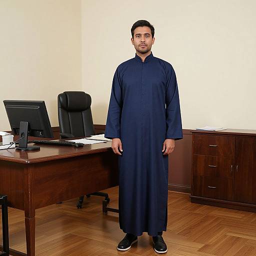 Photograph of a South Asian man with short black hair, beard, and medium build, wearing a long navy blue traditional outfit, standing in an office