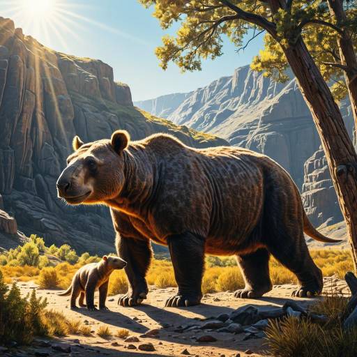 Megatherium and Juvenile in Prehistoric Landscape