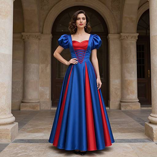 Photograph of a woman with dark curly hair, wearing a blue and red Cinderella-style ball gown, standing in a stone-columned courtyard.
