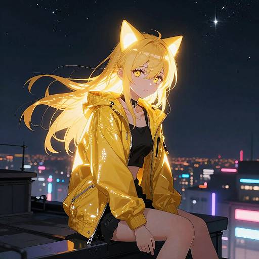 Golden-Haired Cyberpunk Anime Catgirl