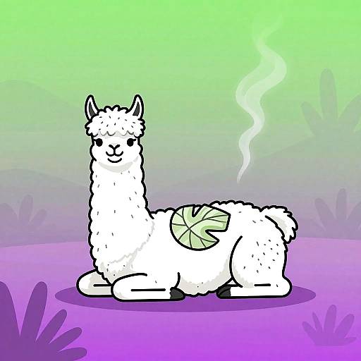 Cartoon white llama with green leaf tattoo, smoking, lying on purple ground, green-yellow gradient background, simplistic, digital art style.