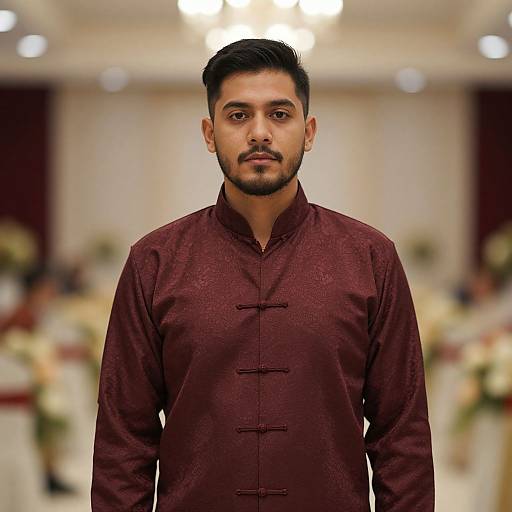 Photograph of a young South Asian man with short black hair and beard, wearing a maroon traditional long-sleeve shirt, standing in a blurred