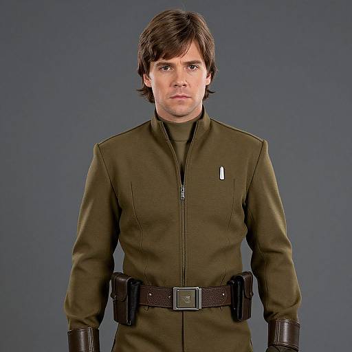 Photograph of a young white man with brown hair, wearing a green military-style jacket with a zipper, black belt with pouches, and brown gloves
