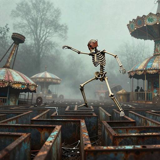A skeletal figure dances on a rusted, maze-like carnival ground, surrounded by foggy, abandoned carnival rides with colorful, worn-out domes.