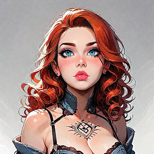 Redhead Woman in Denim Corset with Tattoo
