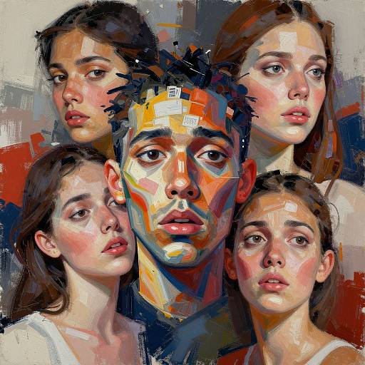 Digital painting of a multi-colored, stylized, and emotional portrait of a central male face surrounded by four young women with realistic, soft expressions. Bold