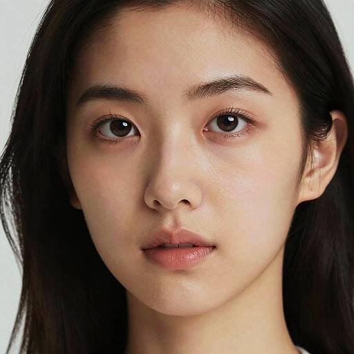 Close-up photograph of a young Asian woman with fair skin, black hair, and brown eyes, looking directly at the camera with a neutral expression.