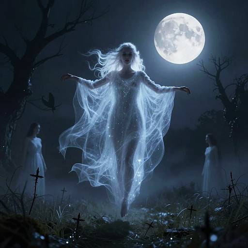 Digital artwork: Ghostly woman with flowing white dress, illuminated by full moon, surrounded by dark trees, two shadowy figures, crosses, and mist