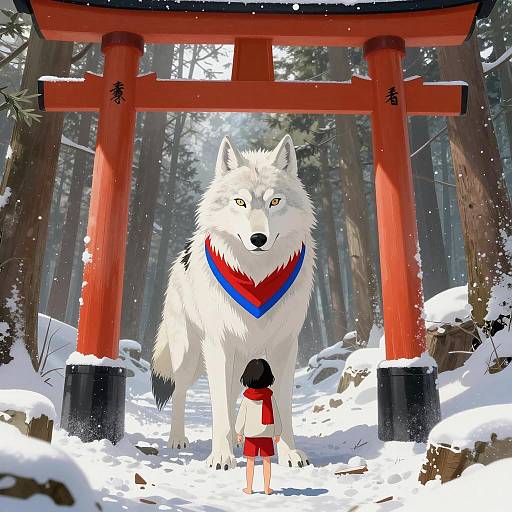 White Wolf and Child by Torii Gates in Snowy Forest