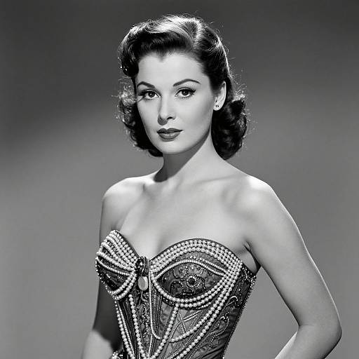 Black-and-white photograph of a 1940s-style woman with dark, wavy hair, wearing an elaborate, beaded, strapless corset