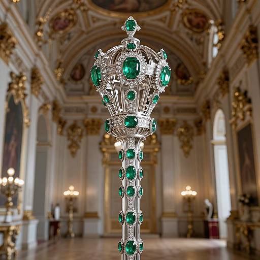 Photograph of an ornate, jeweled crown with large green emeralds, hanging centrally in an opulent, baroque-style room with gold