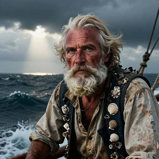 Photograph of an elderly, weathered sea captain with white hair and beard, wearing a seashell-adorned vest, against a stormy
