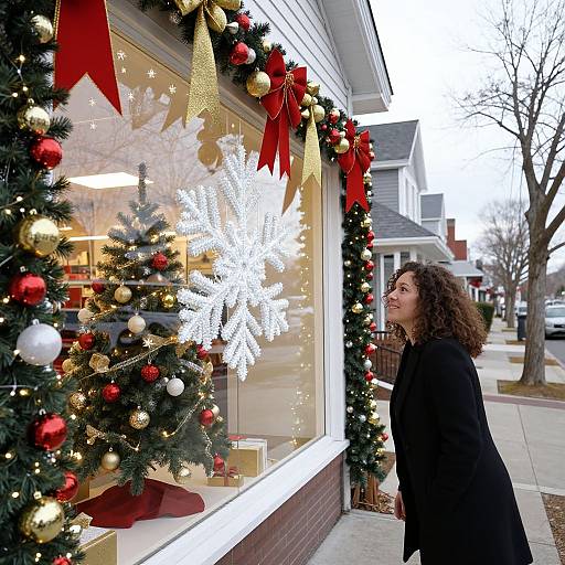 Christmas Window Display with Cheerful Woman