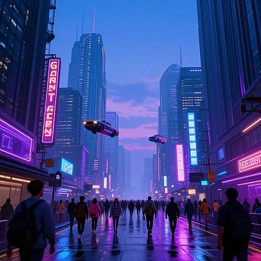 Neon-lit, futuristic city street at dusk with floating cars, bustling pedestrians, and vibrant blue-purple skyscrapers in a digital illustration style.